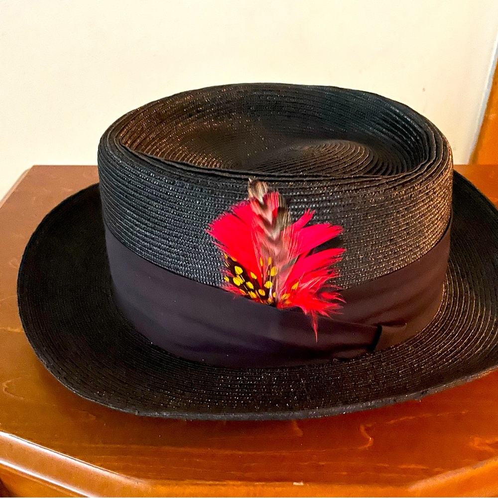 Black Fedora Hat with Red Feather Accent